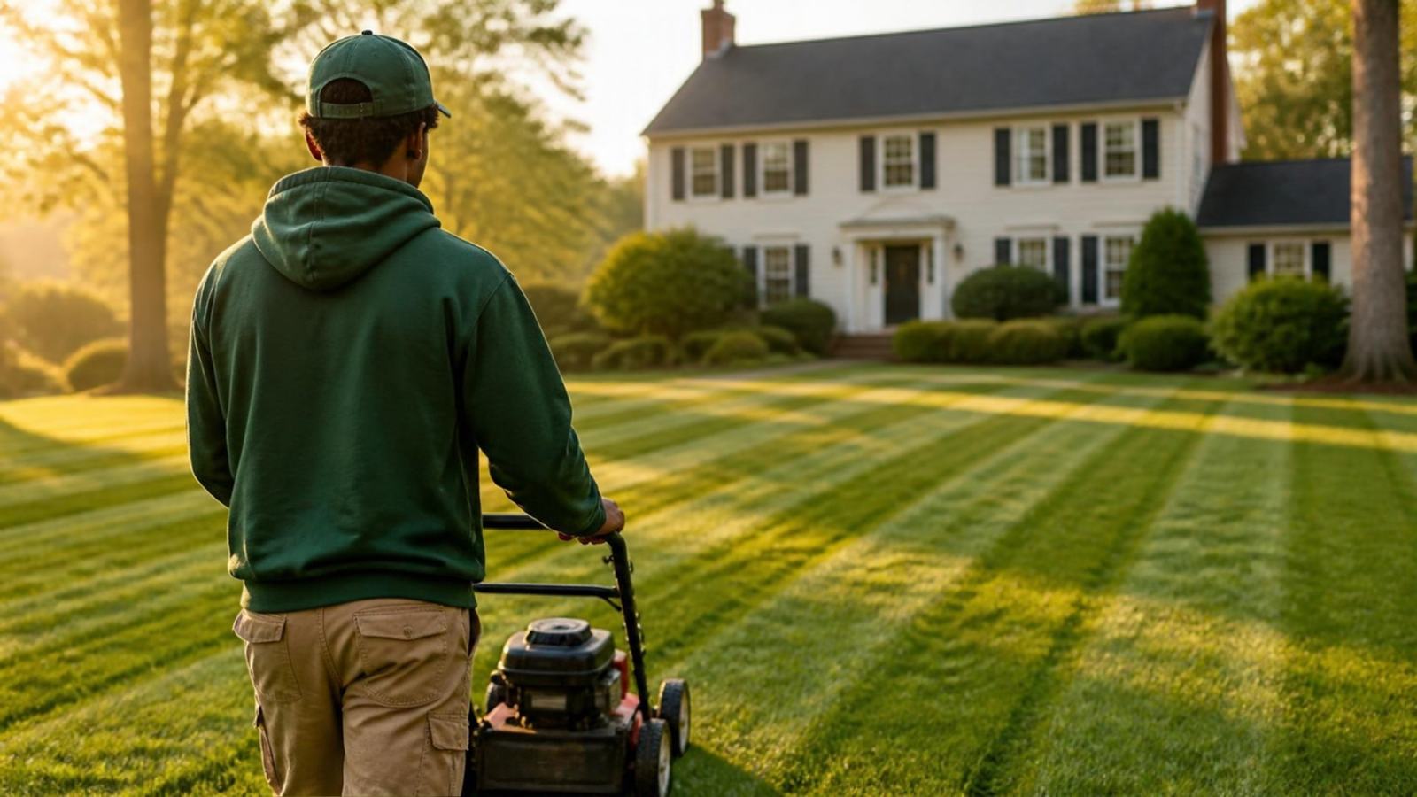 Lawn care worker in a green hoodie and cap mowing a striped lawn in front of a colonial home, seen from behind