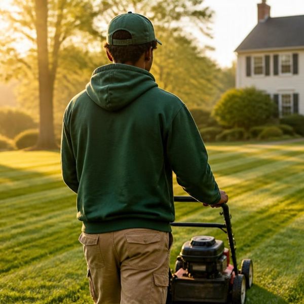 Illustrative: striped front lawn being mowed