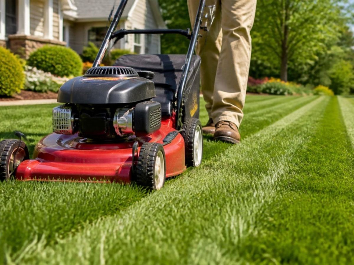Walk-behind mower cutting thick green grass into clean stripes on a residential lawn