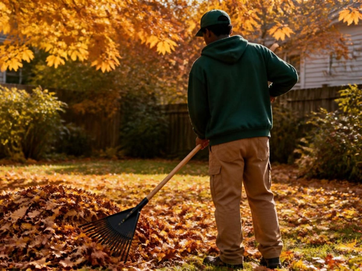 Lawn care worker in a green hoodie raking autumn leaves into a large pile, seen from behind